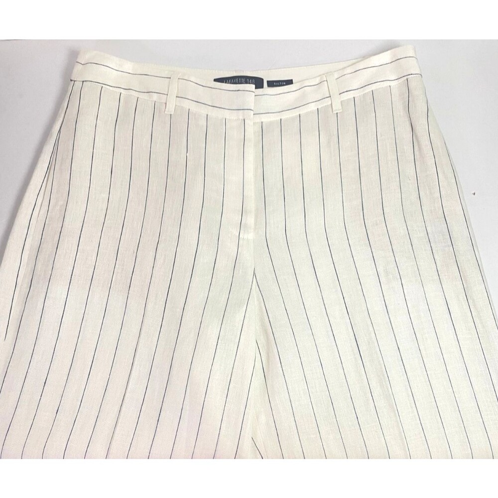 Lafayette 148 Dalton Pinstripe 100% Linen Wide Leg Pants Size 6 Off White Blue - Picture 2 of 16